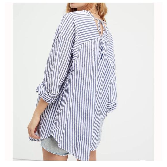 Free People One of the Boys Striped Shirt Yellow Blue long sleeve Boho Size M - Picture 2 of 10